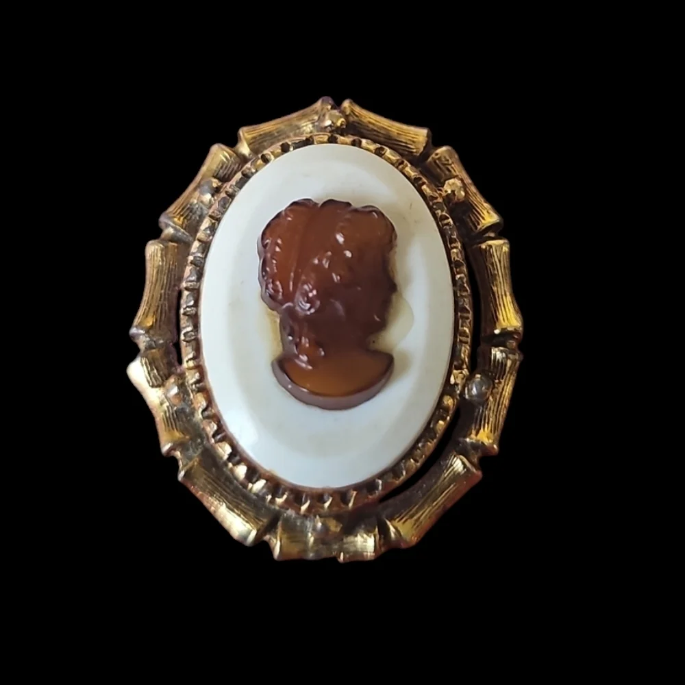 Vintage Elegant 1960s cameo brooch with a root beer glass cameo